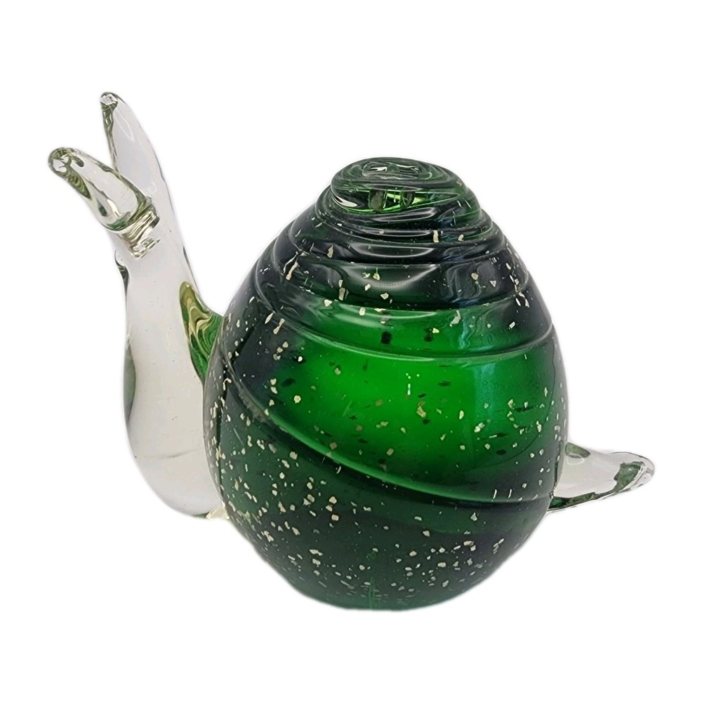 Hand Blown Art Glass Snail Nautilus Gold Tone Flecks Green Figurine Paperweight